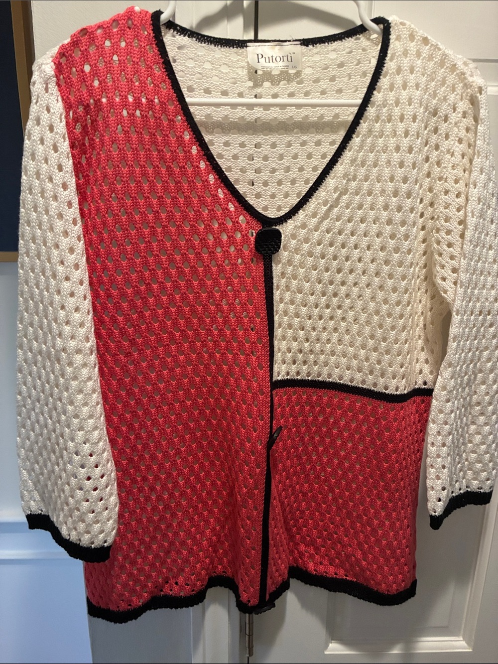 Two-Tone Open Knit Cardigan - Cream & Red